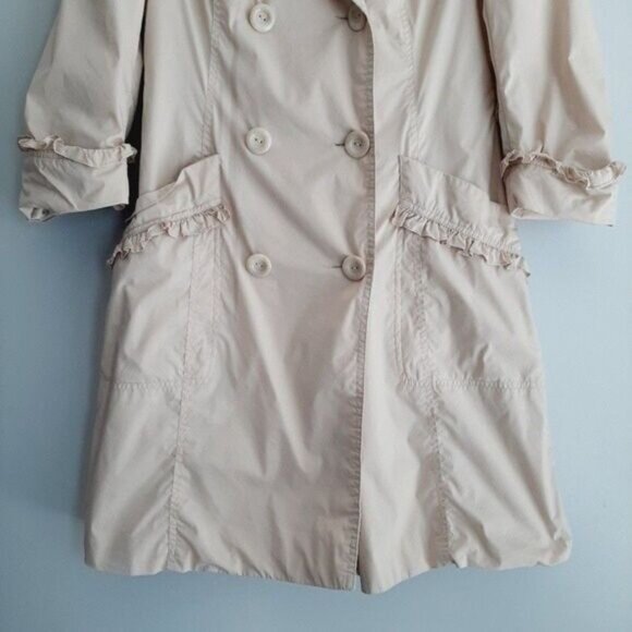 BEBE Light Short Coat Jacket w Ruffle Details Beige Sz S Flawed - Picture 4 of 15